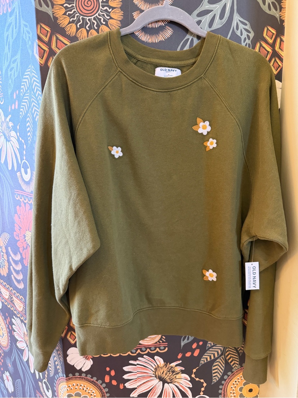 Old Navy Olive Green Sweatshirt with White & Yellow Daisy Appliqués